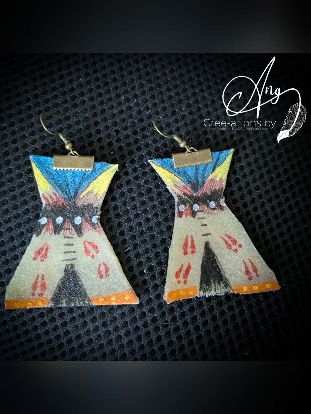 Indigenous Hand-Painted Teepee Rawhide Dangle Earrings